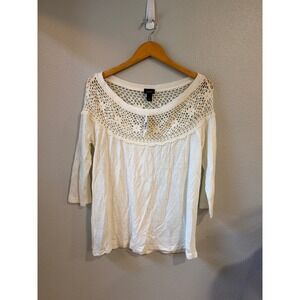 Daytrip Crochet Yoke Knit Top Women Medium Cream 1/2 Sleeve NWT Boho